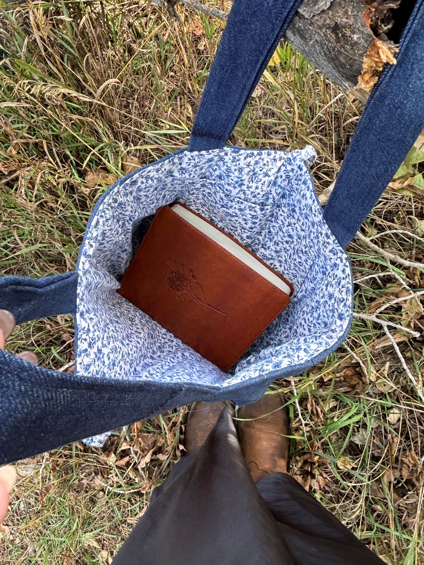Denim Blue Floral Quilted Bible Tote Bag
