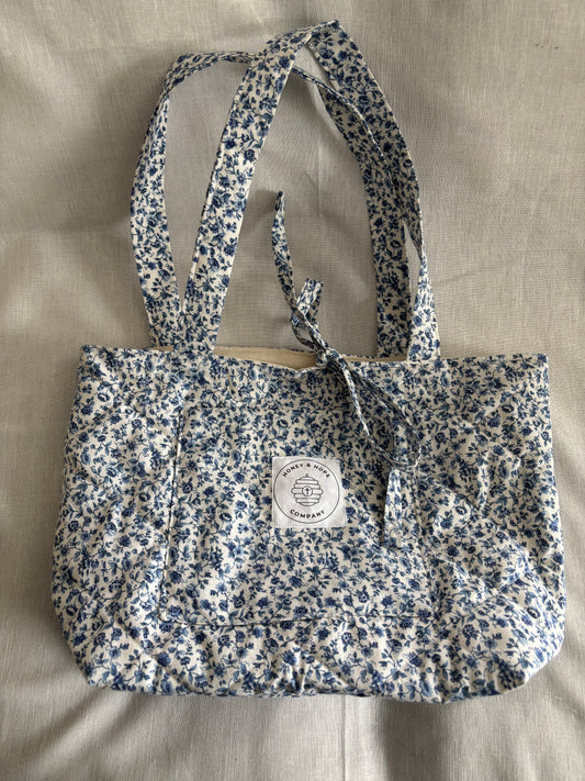 Blue Floral Quilted Tote Bag