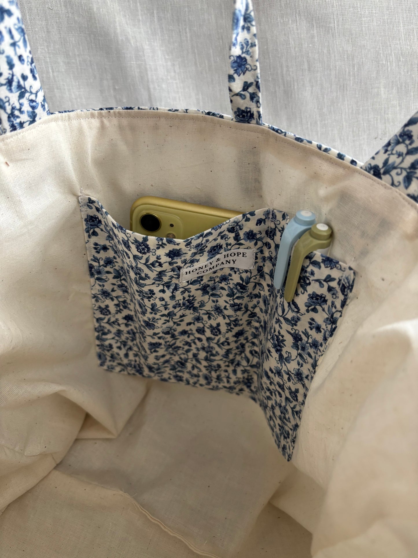 Blue Floral Quilted Tote Bag