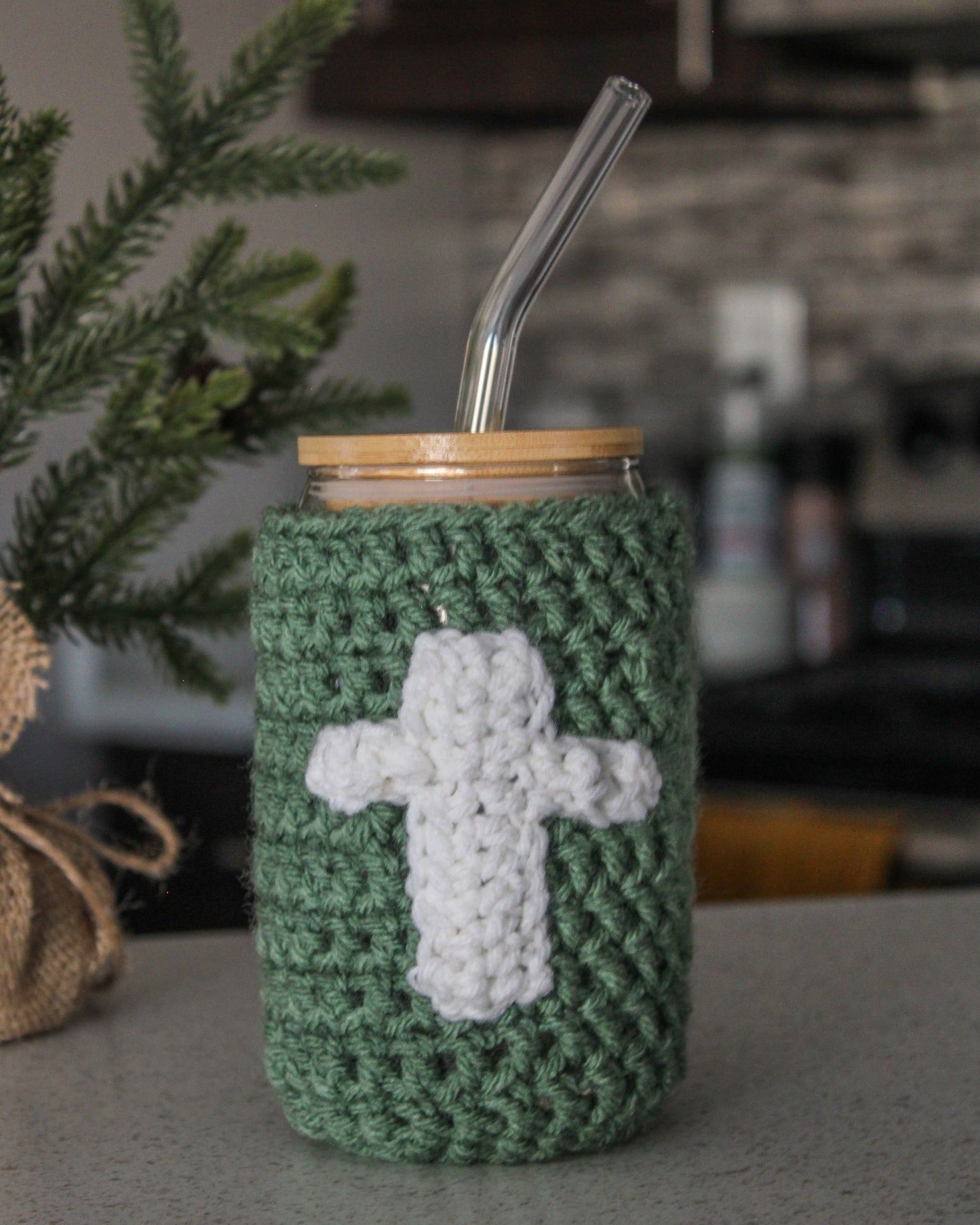Cross Crocheted Iced Coffee Sleeve