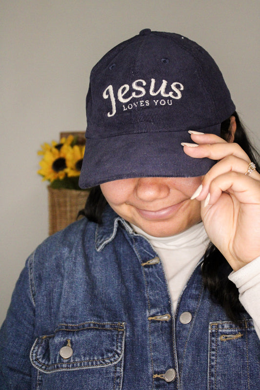 Vintage Jesus Loves You Corduroy Embroidered Hat