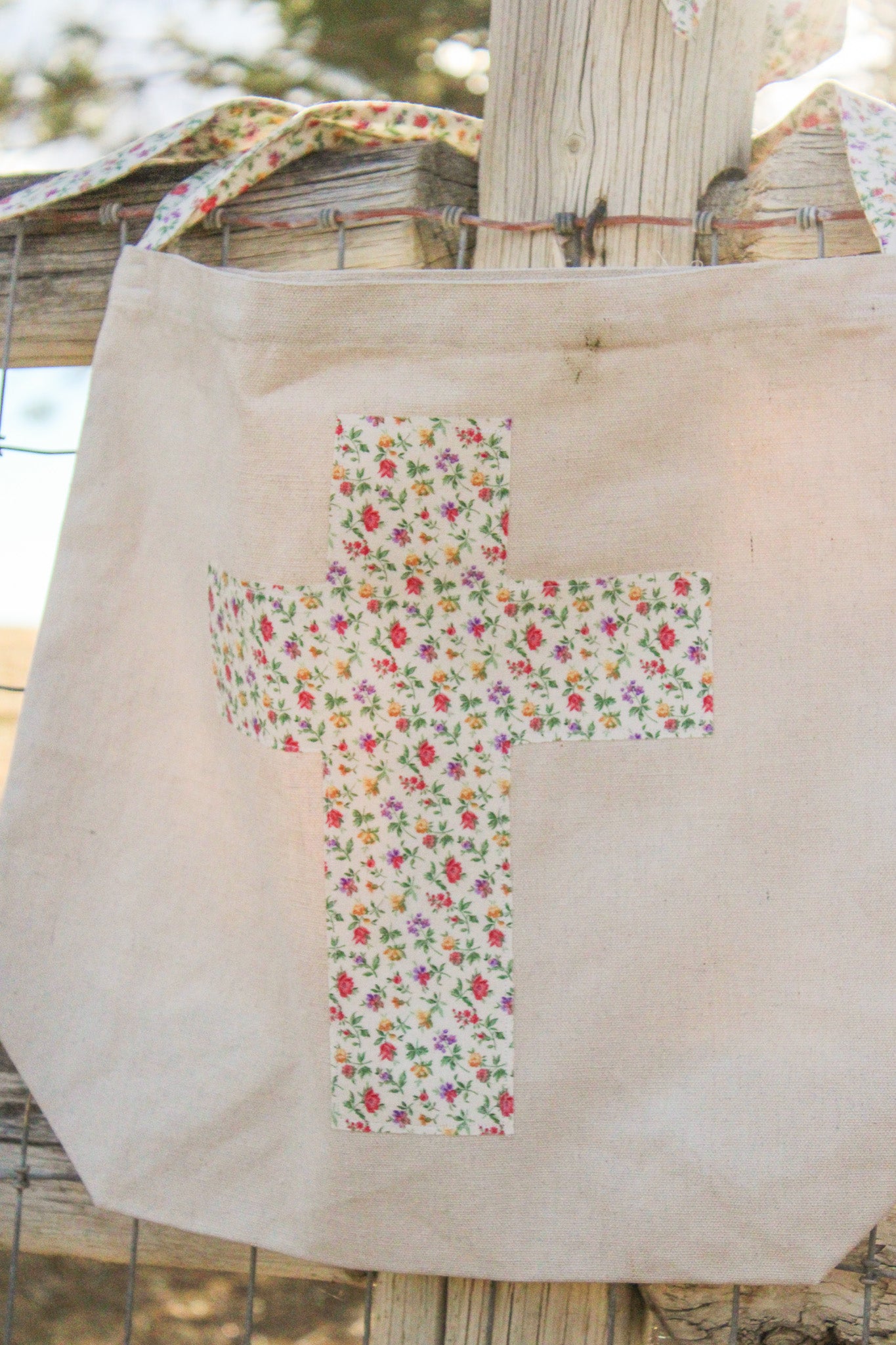 Floral Cross Canvas Tote Bag