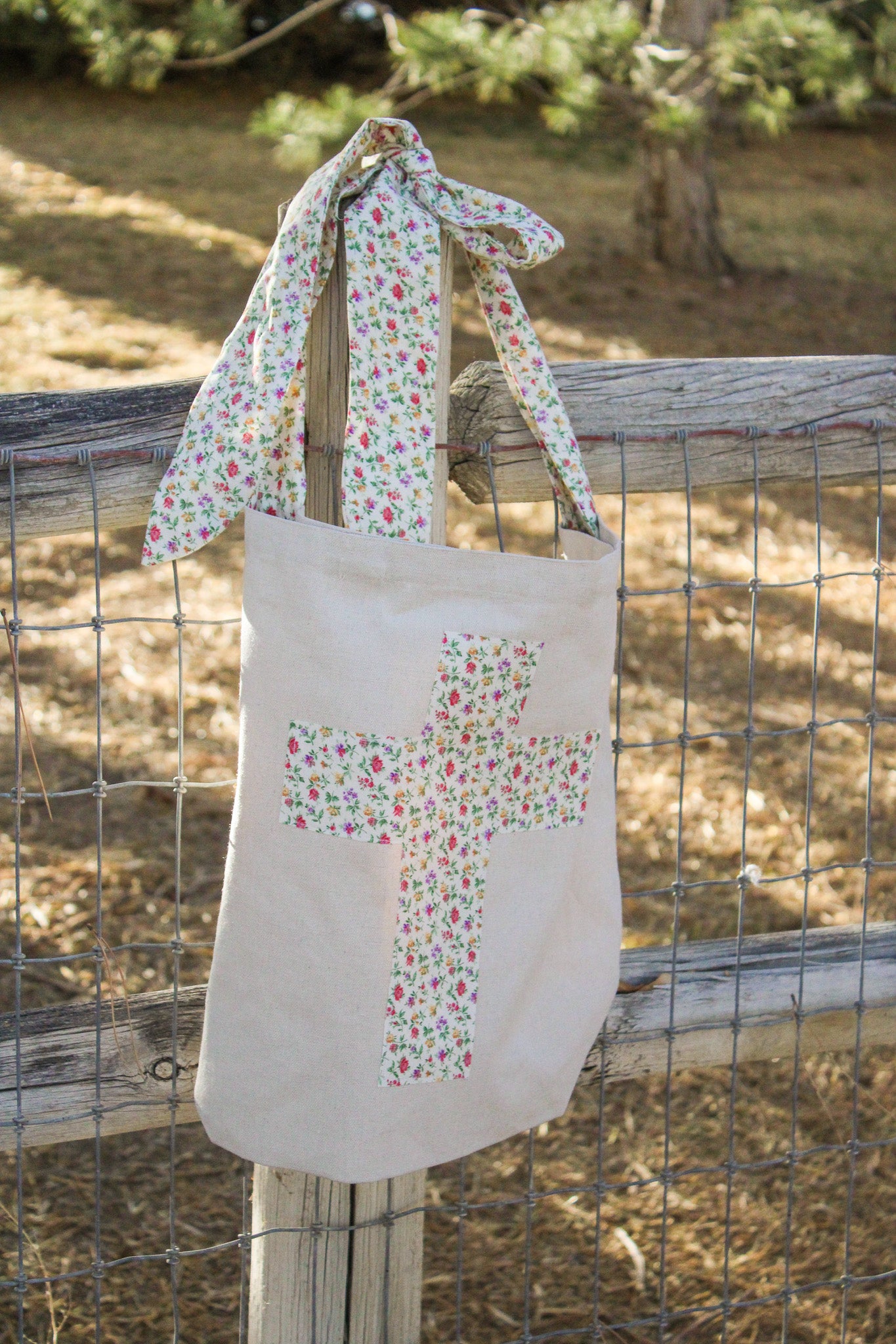 Floral Cross Canvas Tote Bag
